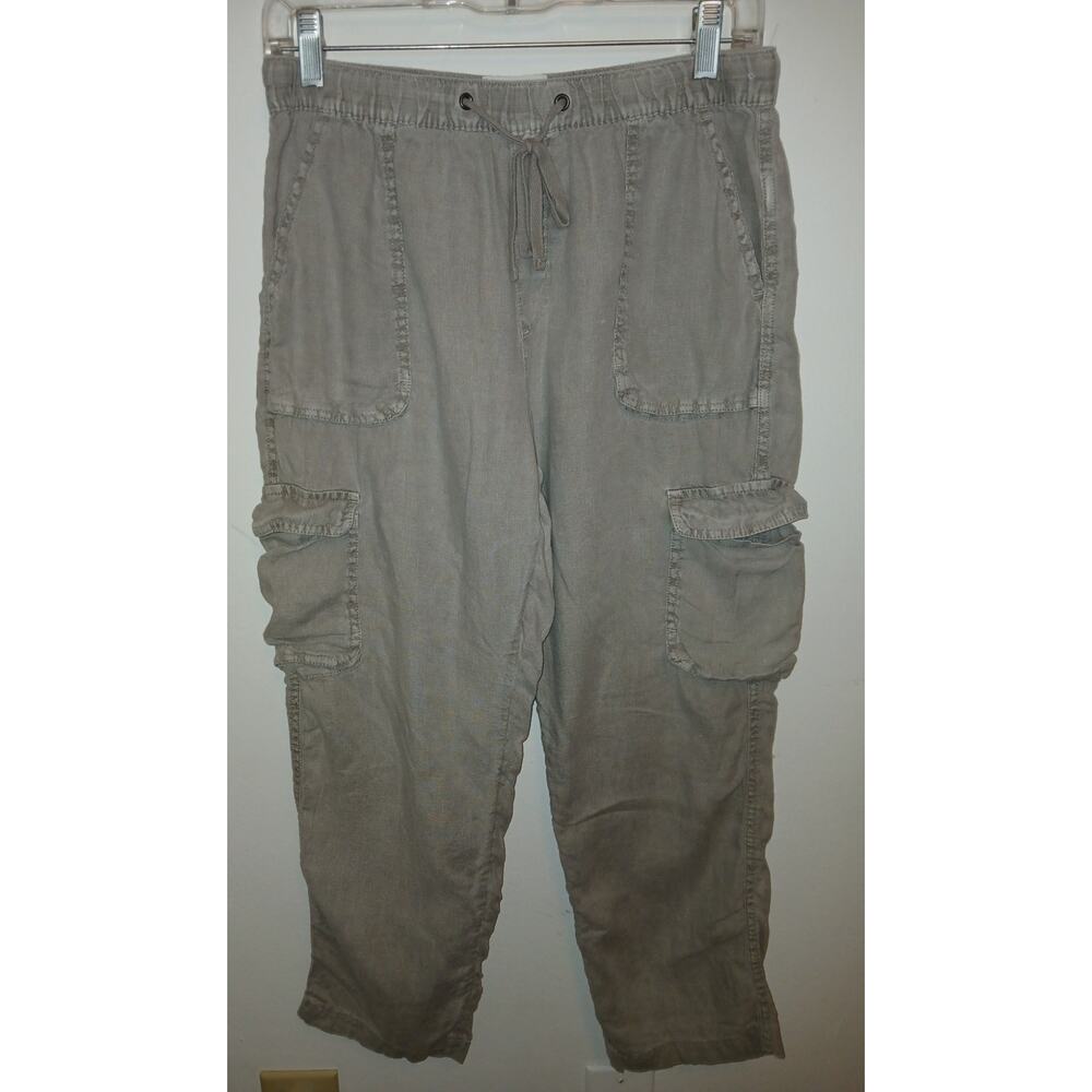 Nicole Miller Linen Drawstring Waist Sunwashed Cargo Pants Medium Taupe Brown